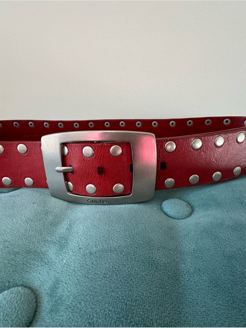 Calvin Klein Red Leather Studded Belt with Silver Buckle